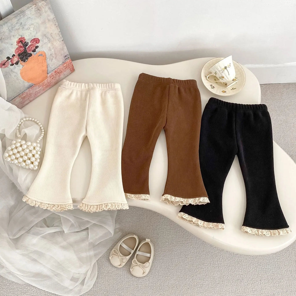 2025 Autumn Collection Girls' Velvet Bellbottom Pants with Western Style Lace Pants, Versatile Warm Baby Girls' Casual Pants