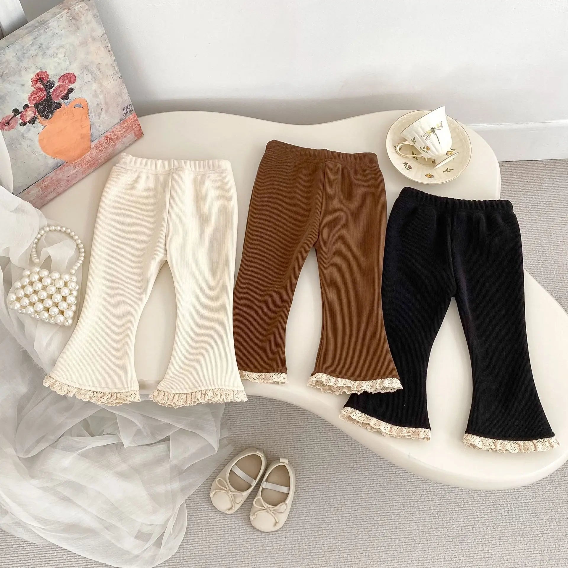 2025 Autumn Collection Girls' Velvet Bellbottom Pants with Western Style Lace Pants, Versatile Warm Baby Girls' Casual Pants