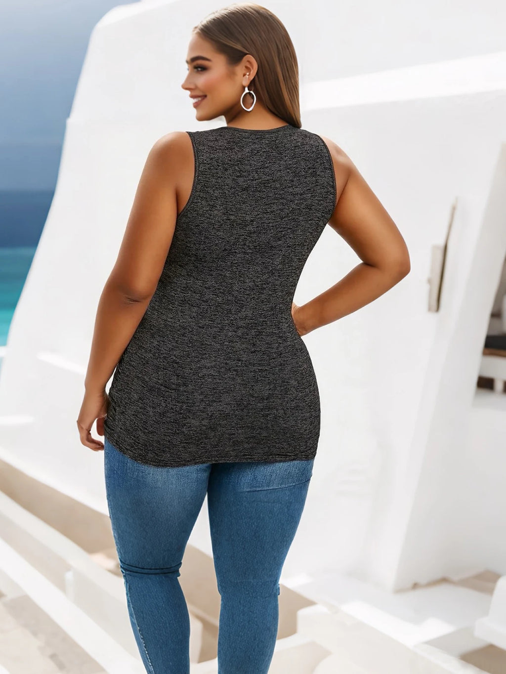 Plus Size Sleeveless Tank Top with Fishnet Neckline,Zipper Side Ruched Tunic for Women, Sexy Stretch Top for Night Out, Summer