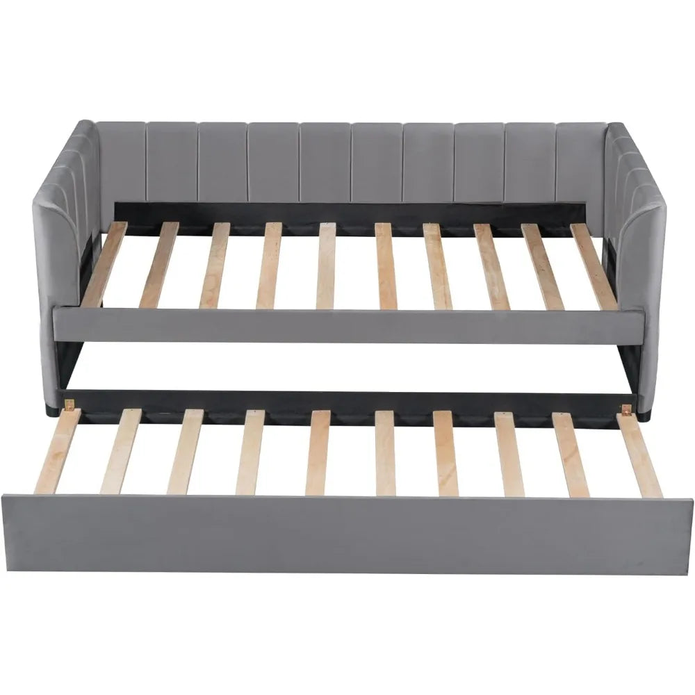 Twin Size Velvet Upholstered Daybed with Ergonomic Design Backrest and Trundle,Wood Platform Bed w/Stripe Shaped Headboard,for B