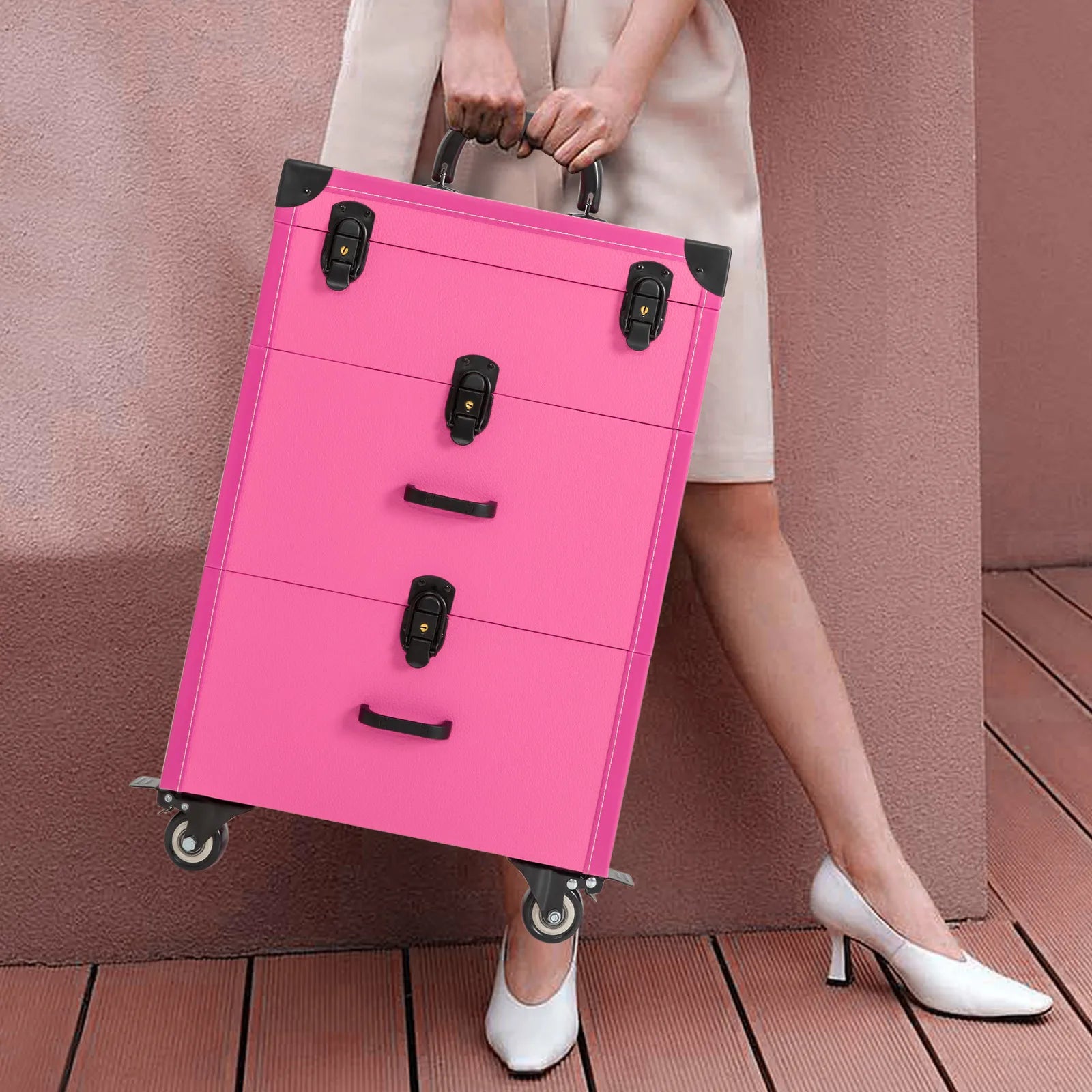 Rolling Makeup Case Large Storage Cosmetic Trolley with Swivel Wheels & 4 Locks 3 Layer Rolling Makeup Case Cosmetic Storage
