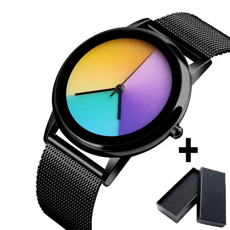 New Unique Women Watch Fashion Casual Colorful Changing Dial Quartz Wriswatch Simple Ultrathin Steel Lady Watches Special Gift