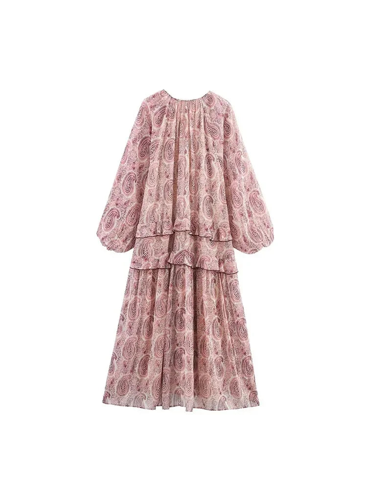2025 Women Summer MIDI Dress Vintage Print Chiffon V-Neck Cascading Ruffle Long Sleeve Female Elegant Street Dresses Clothing