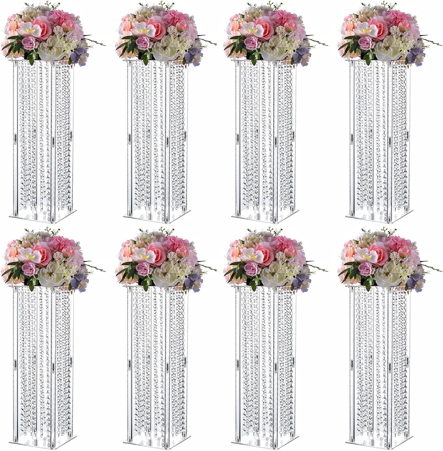 8PCS Crystal Vases for Centerpieces Acrylic Wedding Vase with Crystals Beads23.6"Floral Vase Display Holder for Birthday Party