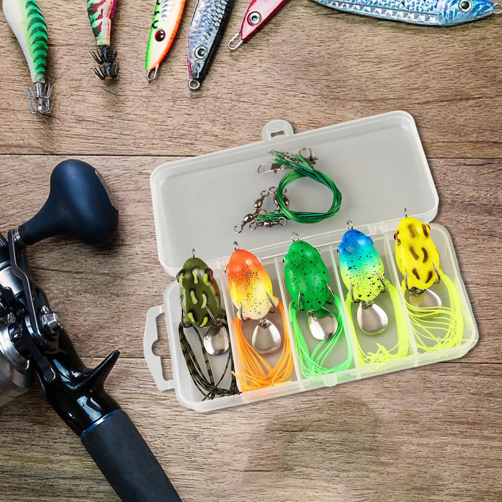 5Pcs Frog Soft Fishing Lures with Double Hooks Soft Ray Frog Swimbait Frog Spoon Fishing Baits for Bass Fishing