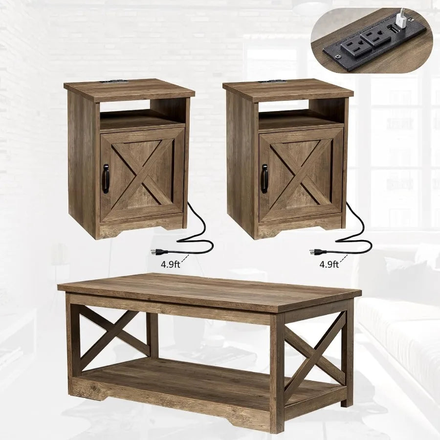 AMERLIFE 3Piece Farmhouse Table Set Includes Coffee Table Two End Tables Side Table with Charging Stationd USB Ports for Living
