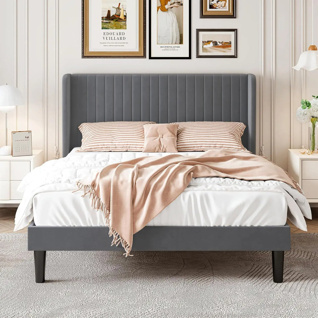 Bed Frame, Full-king Size Velvet Bed Frame with Vertical Channel Tufted Wingback Headboard, No Box Spring Needed, Easy Assembly