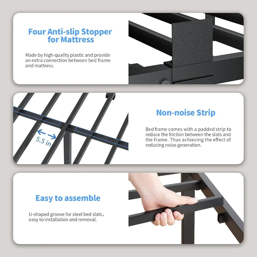 14 inch Metal Queen Bed Frame with Rounded Corner and Headboard Hole Mattress Retainers 3500LBS Heavy Duty Steel Slats No Box S