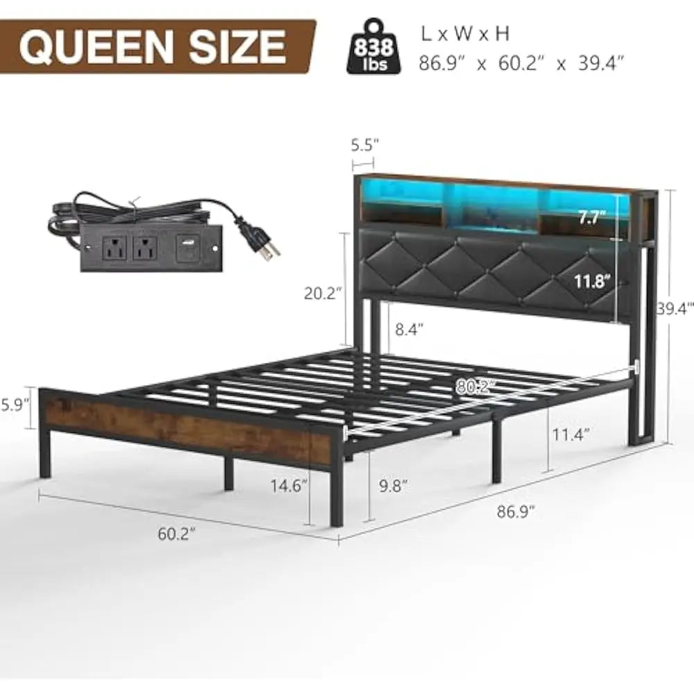 LED Queen Size Bed Frame with Headboard & Foot board and  USB Charging Station, Storage, Noise Free, No Box Spring Needed