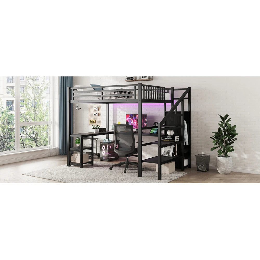 Metal Full Loft Bed with Wardrobe and LED Light, Full Size Loft Bed with L Shaped Desk and USB for Kids Teens Adults, Black