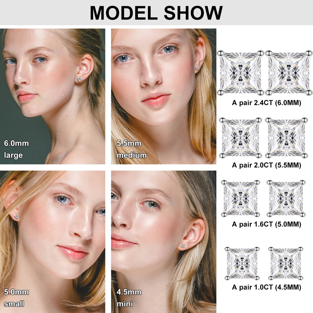 Princess Cut 1-2.4 Ct Moissanite Earrings for Women Men 925 Sterling Silver Sparkling Diamond Ear Studs Fine Party Jewelry Gifts