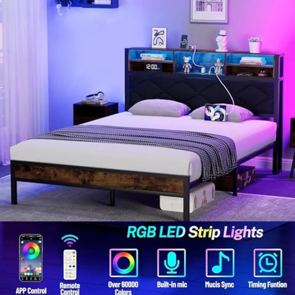 LED Queen Size Bed Frame with Headboard & Foot board and  USB Charging Station, Storage, Noise Free, No Box Spring Needed