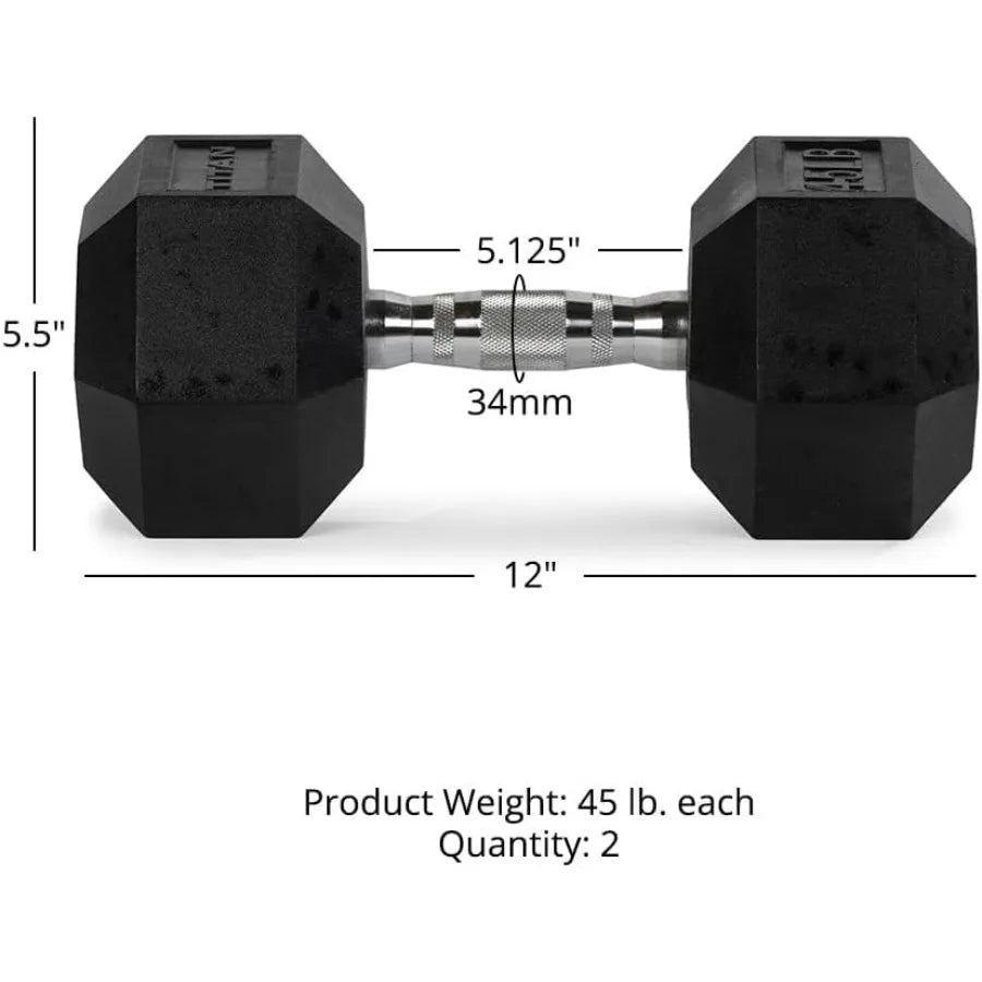 Pair Free Weights, Black Rubber Coated Hex Dumbbell, Ergonomic Cast Iron Handle, Strength Training
