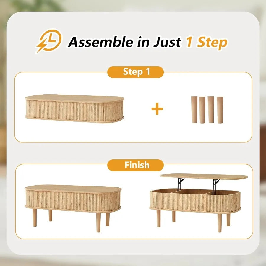 Fluted Lift Top Coffee Table with Hidden Compartment Fully Assembled Wooden Center Table Modern Oval Lift Tabletop for Home Liv