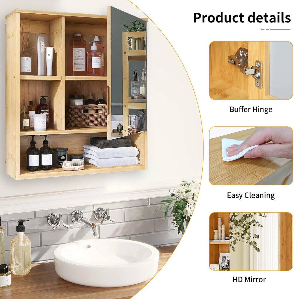 Medicine Cabinet with Mirror: Natural Bamboo Bathroom Vanity Mirror Cabinet Wall Mounted Cupboard with Storage Shelves for Bedro