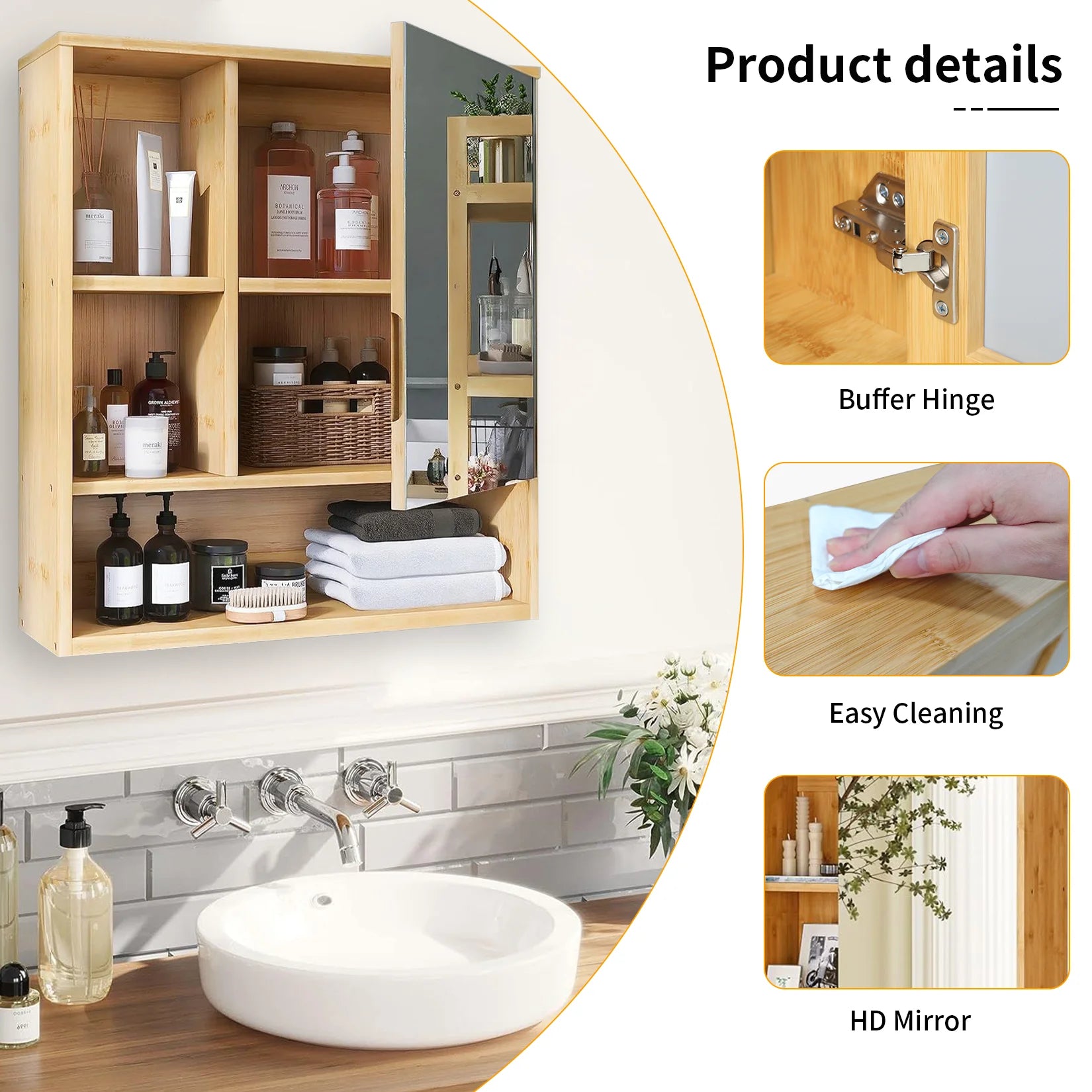 Medicine Cabinet with Mirror: Natural Bamboo Bathroom Vanity Mirror Cabinet Wall Mounted Cupboard with Storage Shelves for Bedro