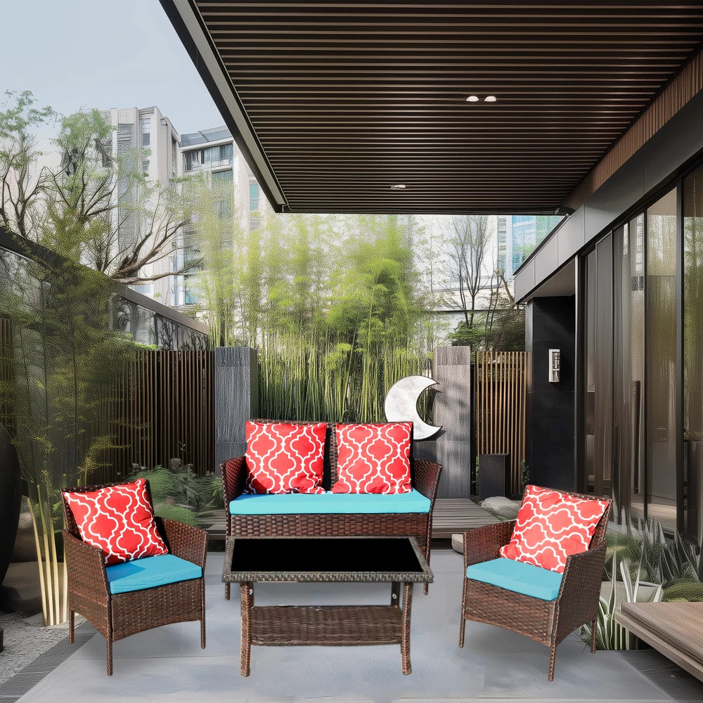 Four-Piece Sofa Set Table With Sofa Chair PE Rattan Outdoor Furniture HY4-001 Box *1 With Emerald Green Color Cushion