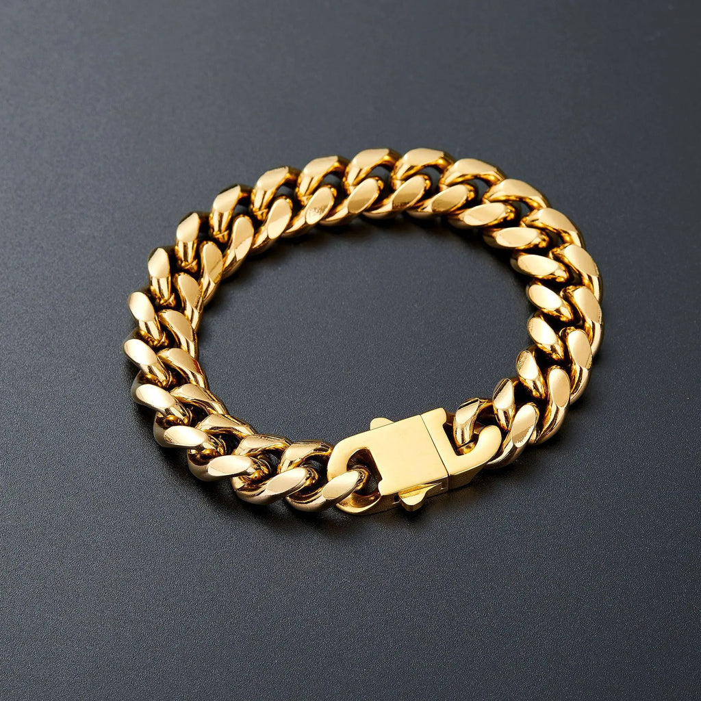 12/14mm Hip Hop Necklace 18K Gold Plated  316L Stainless Steel Cuban Link Chain Bracelet Jewelry For unisex Fashion Jewelry