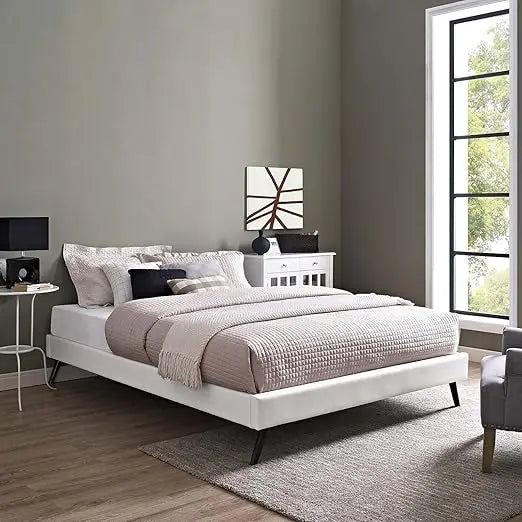 Modway Loryn Faux Leather Queen Platform Bed Frame with Wood Slat Support in White