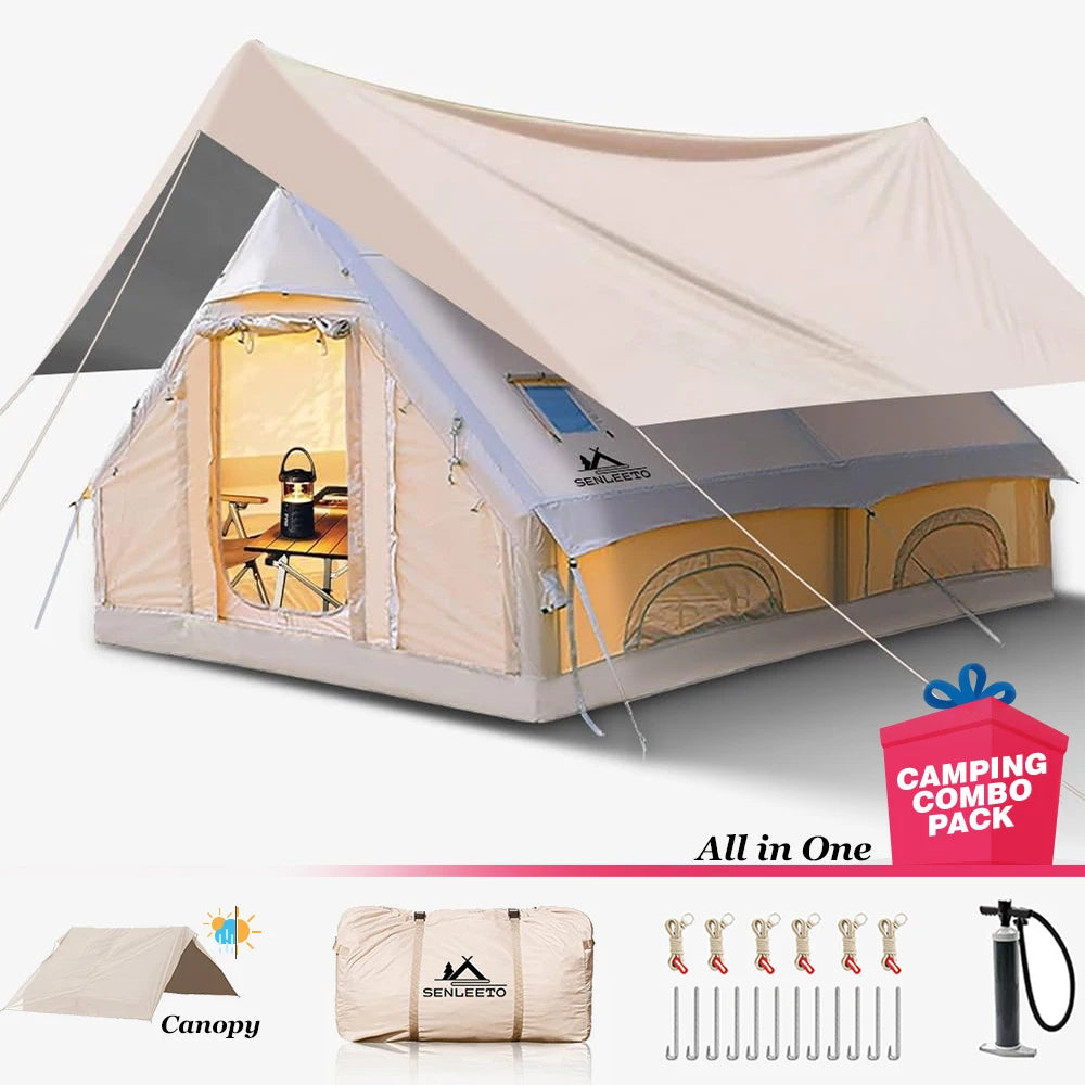 Inflatable Camping Tents 8-10 Person ,129 Sqft Large Inflatable Camping Tent with Stove Jack,Blow up Tent With Mesh Windows