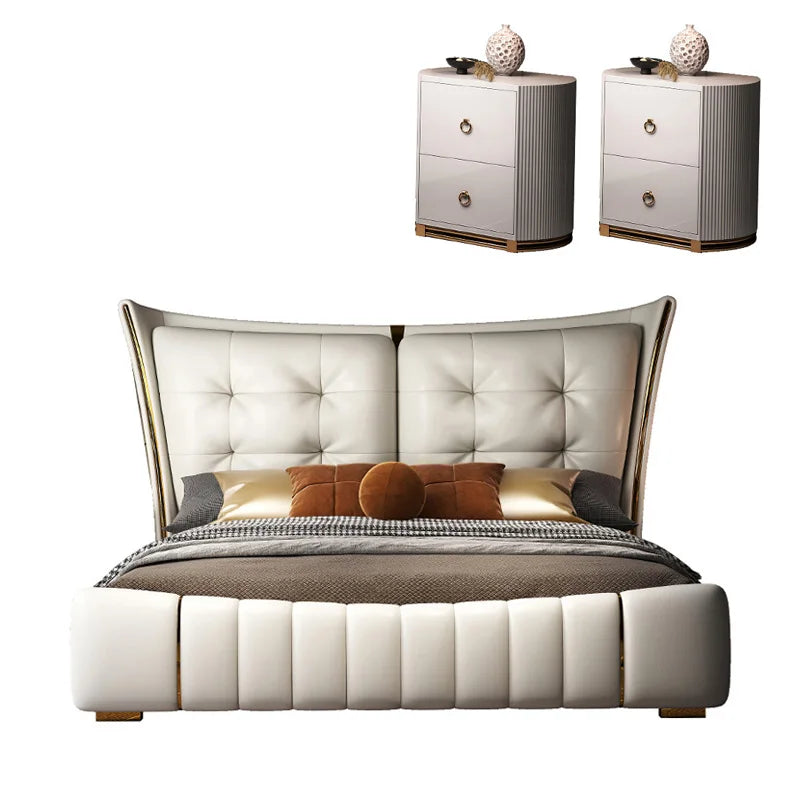 Light Luxury Leather King/Queen Bed Modern Soft Package Bed and Bedside Table for Bedroom Wedding Bed Solid Wood Bed Frame