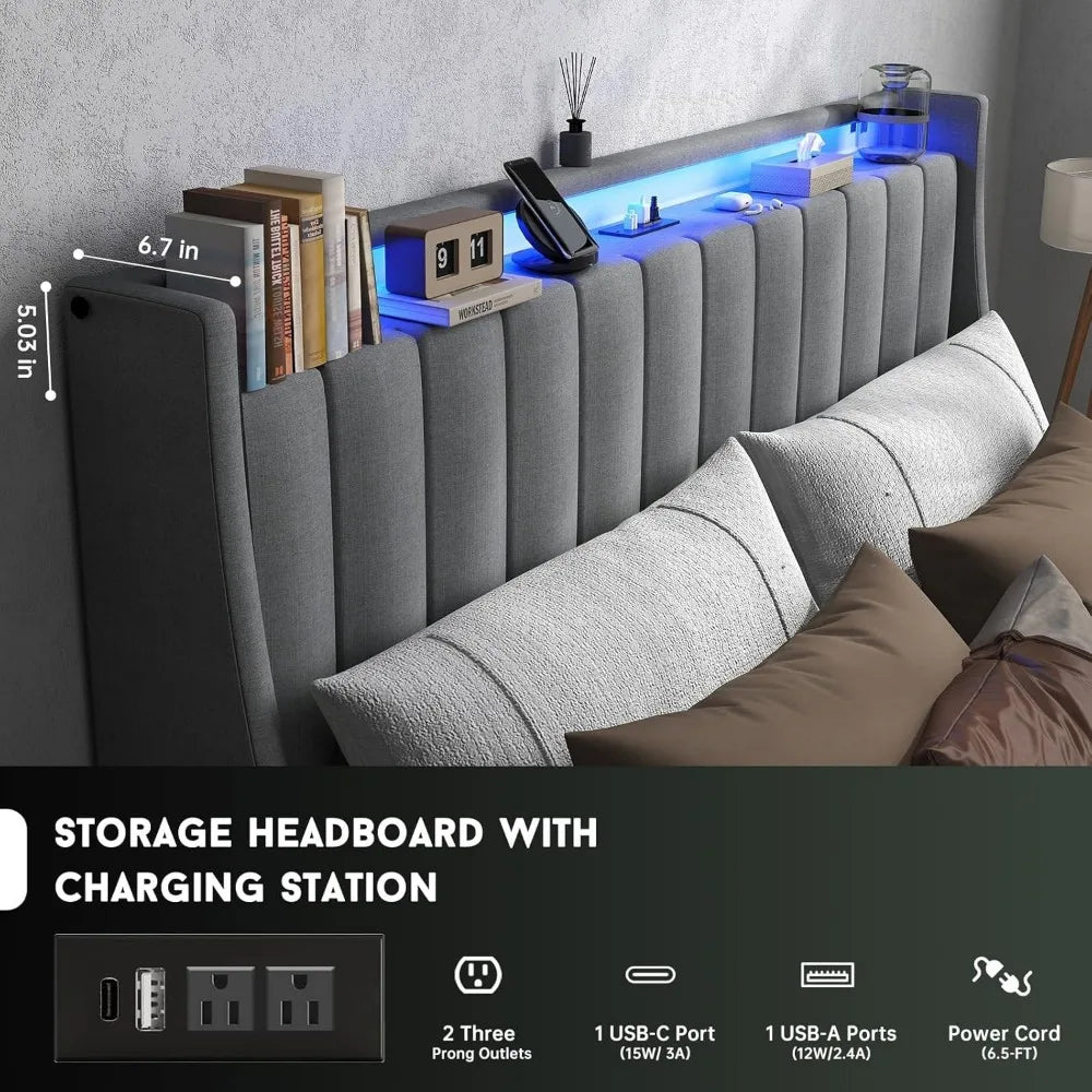 Queen Bed Frame with Headboard and 2 Storage Drawers, Platform Bed Frame Queen Size Upholstered with LED Lights and Charging Sta
