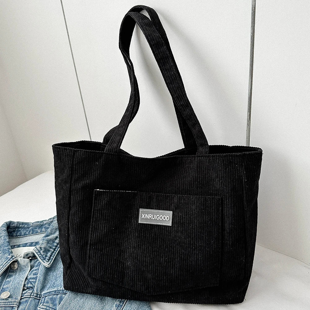 Women Large Capacity Shoulder Bags with Pockets Compartments Cord Tote Bag Solid Hobos Bag for School Work Shopping