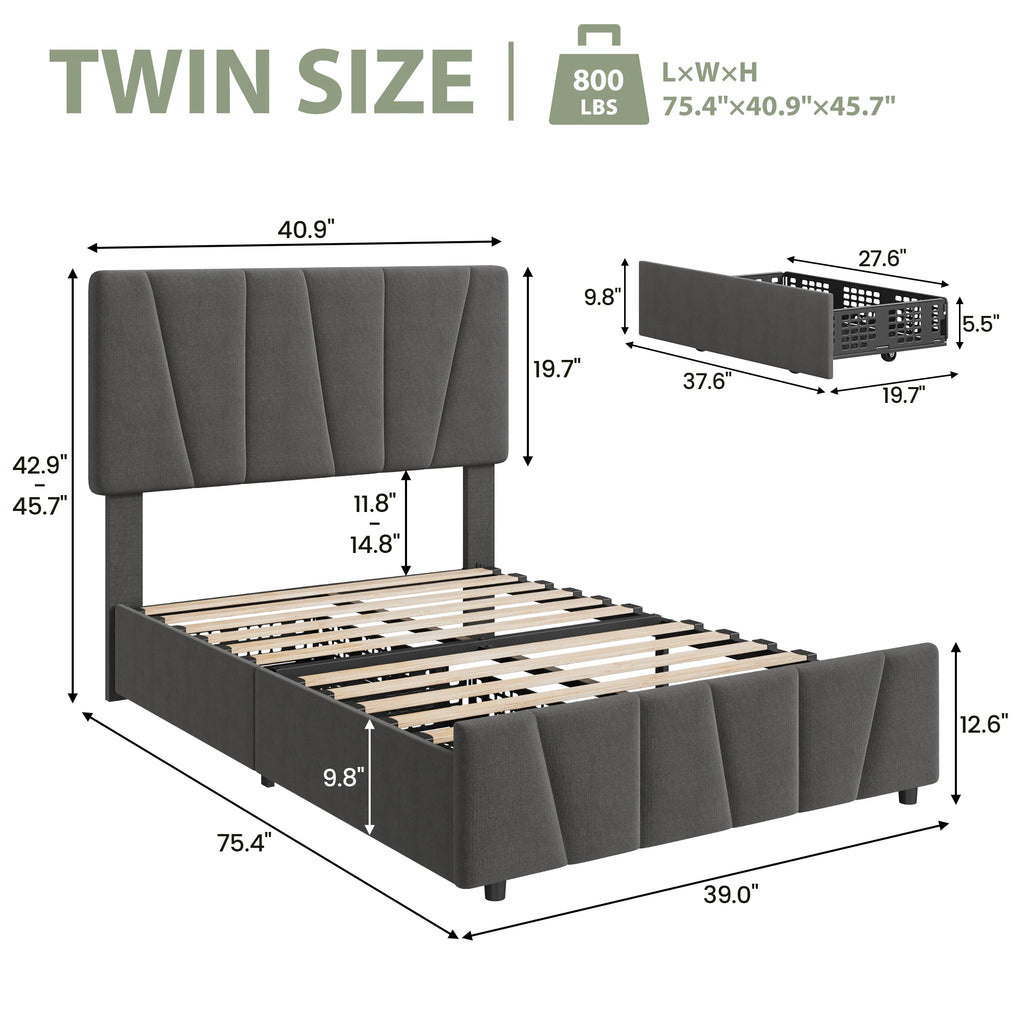 Full Size Bed Frame with Adjustable Headboard and 4 Storage Drawers, Upholstered Platform Bed Frame Wooden Slats Support