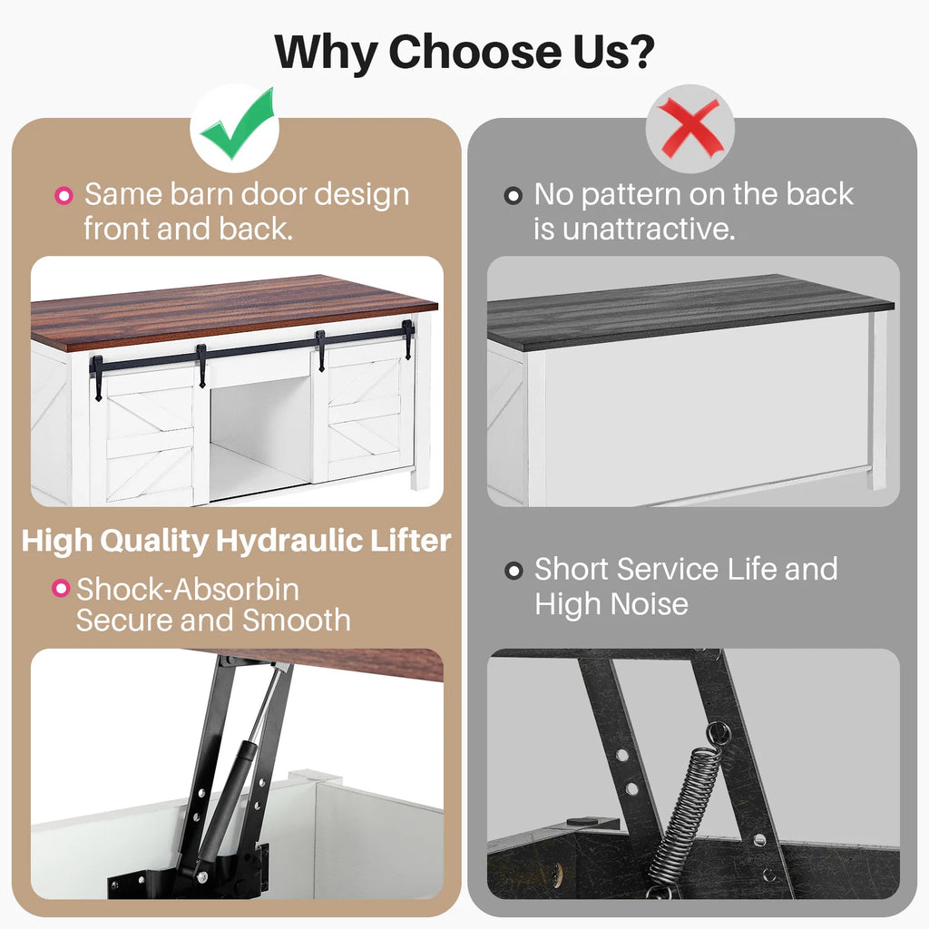 Redlife 47.2" Lift Top Coffee Table, Rustic Center Table w/ Hidden Storage Compartment  Sliding Barn Door for Living Room Office