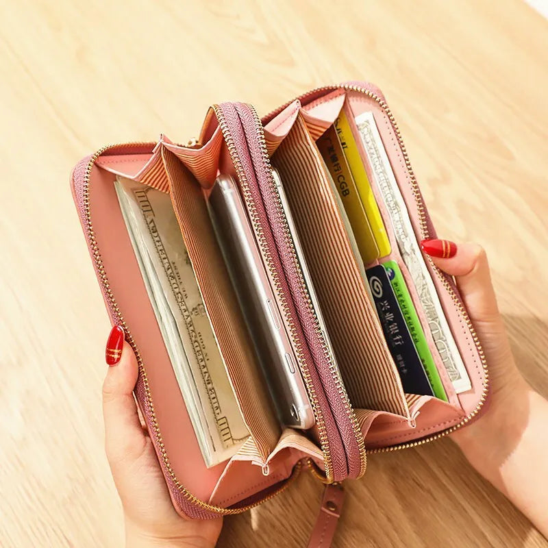 Double Zipper Long Wallet For Women Large Capacity PU Leather Clutch Mobile Phone Bag Coin Cash Card Holder Purse