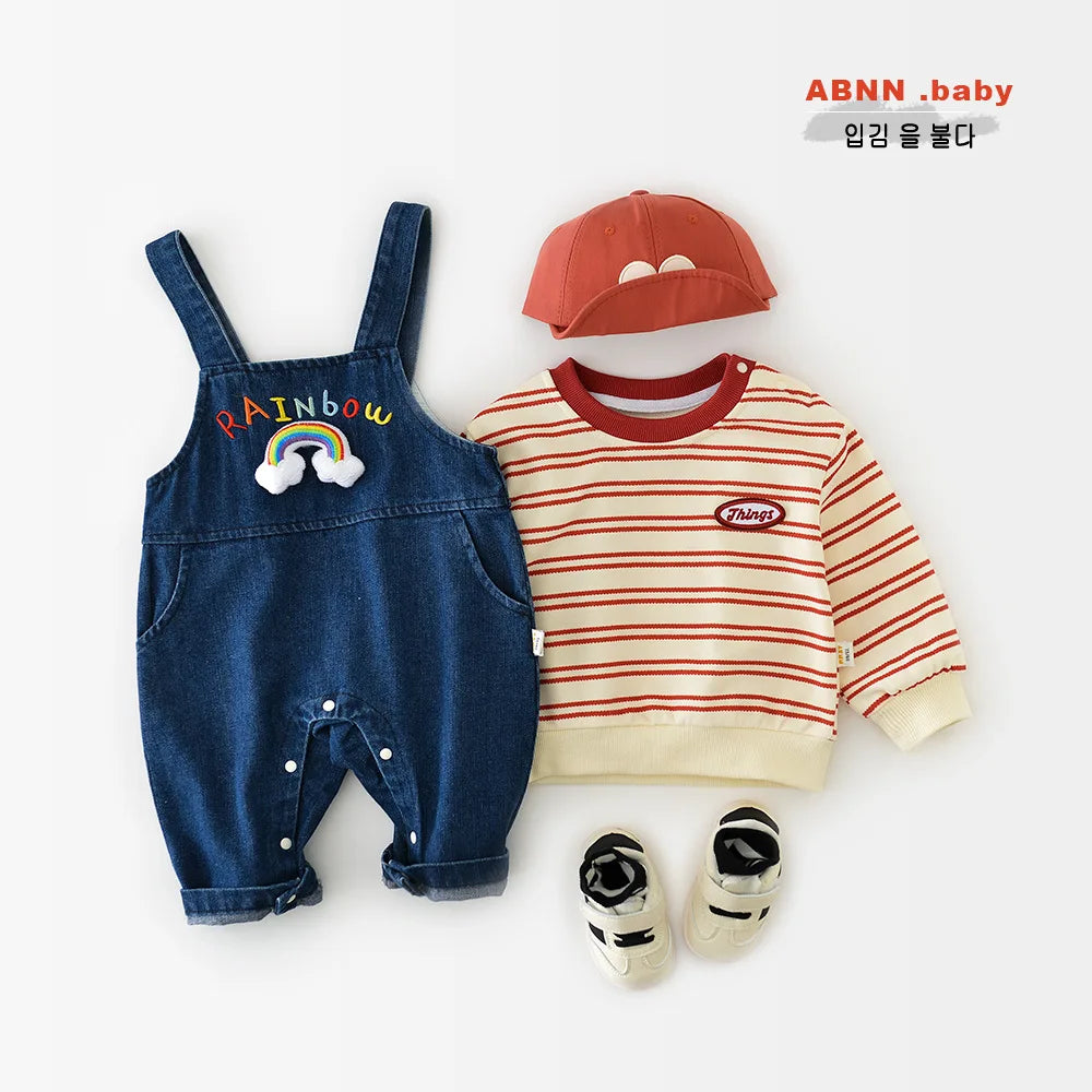 Baby Clothes 2025 Spring And Autumn Clothes New Boys And Girls Red Striped Sweater Letter Pullover Tops