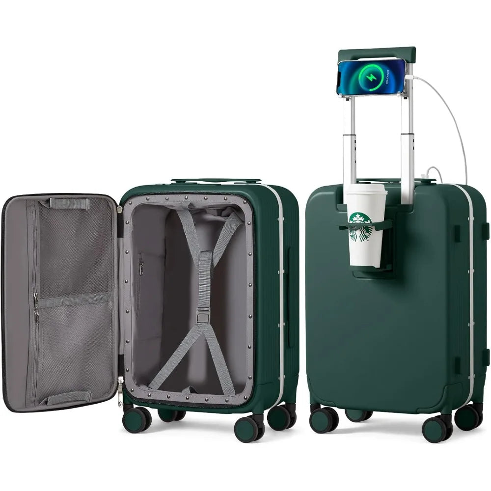 mixi Carry On Luggage with Cup Phone Holder and Charger Hard Shell Suitcases with Spinner Wheels,20 Inch Blackish Green