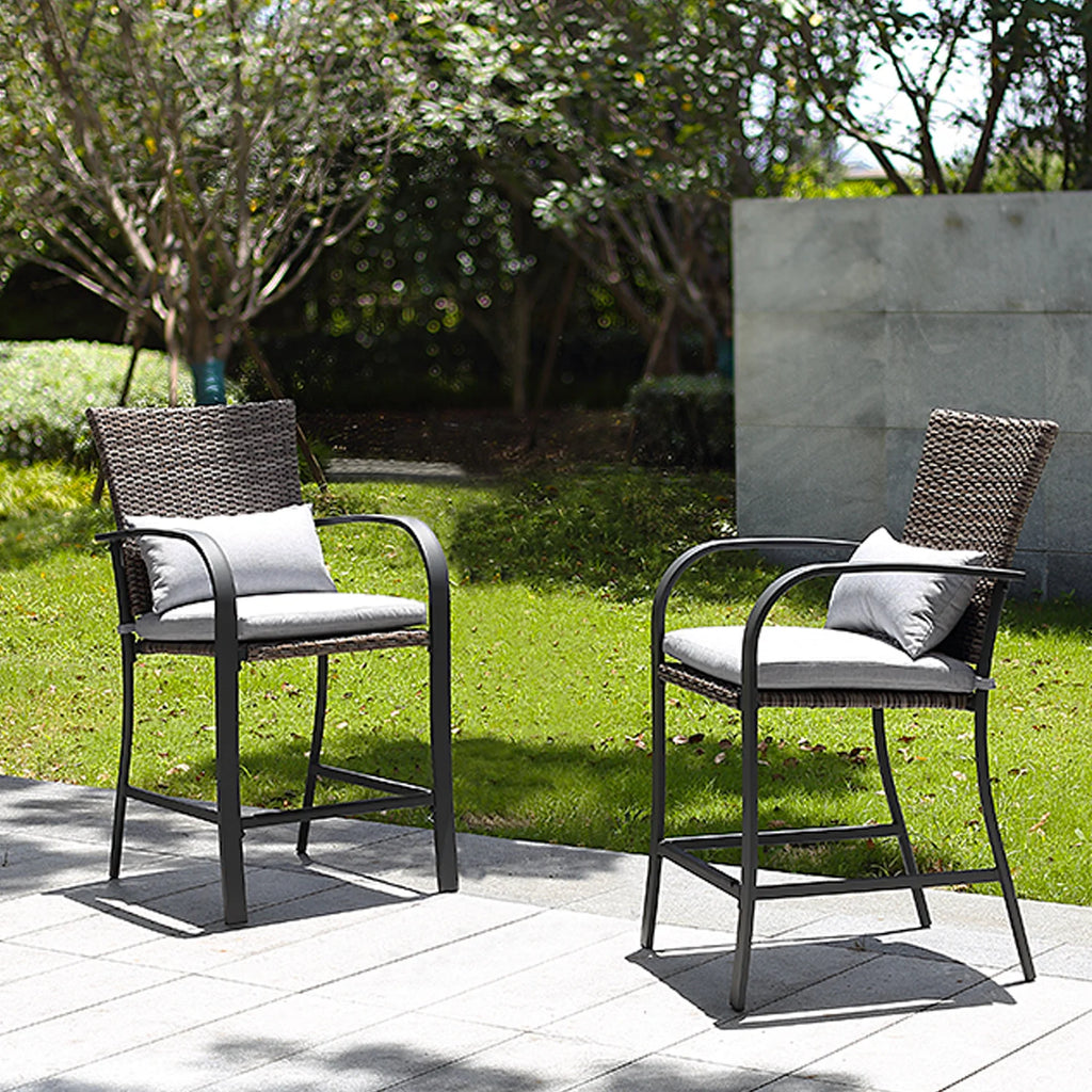 NAGA BAHNA 2pcs Patio Bar Chair with Soft Cushion, Rattan Wicker Outdoor Furniture Set for Backyards, Lawn, Deck, Poolside
