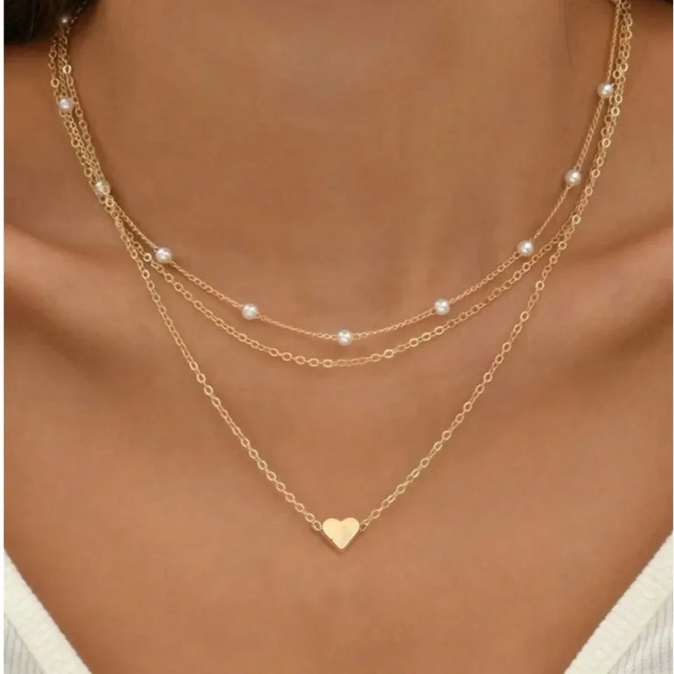 3pcs Women's Pearl Necklace Set 14K Gold Fashion Love Heart Pendant Waterproof Hypoallergenic Collarbone Neck Chain Jewelry