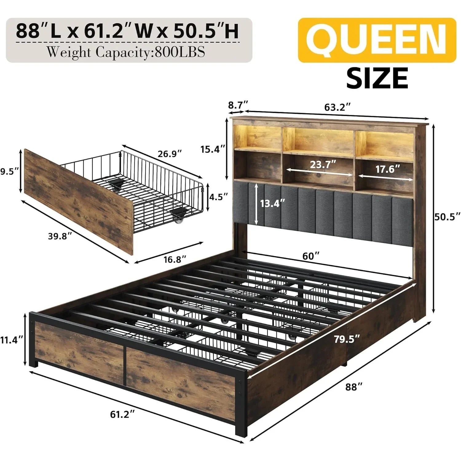 Large bed frame with headboard, high storage bookshelf headboard, 4 storage drawers, charging station and LED, vintage brown