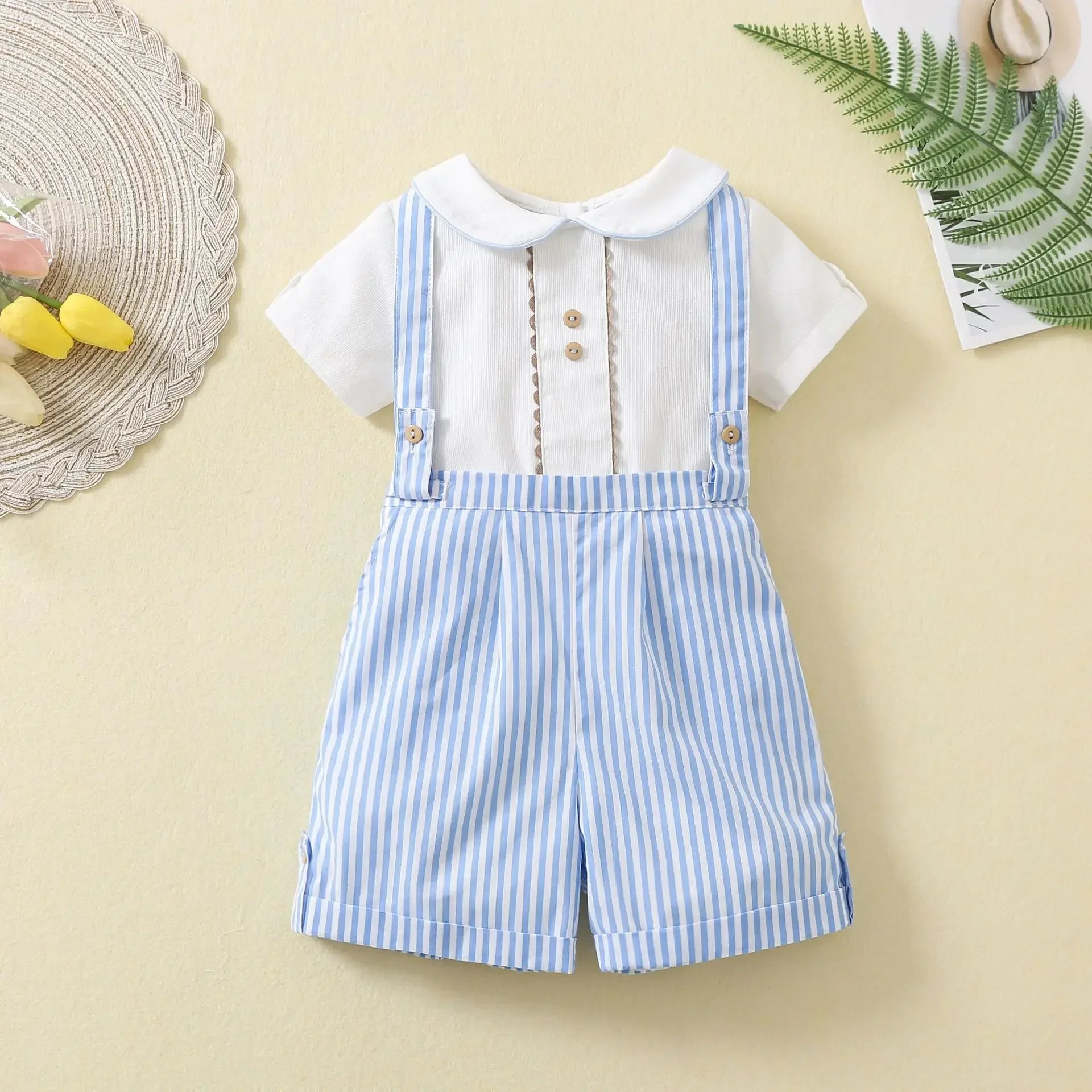 Baby Boys Birthday Outfit 2Pcs Set Short Sleeve Shirt + Striped Suspenders Pants Toddler Summer Clothes Formal Suit Gentleman