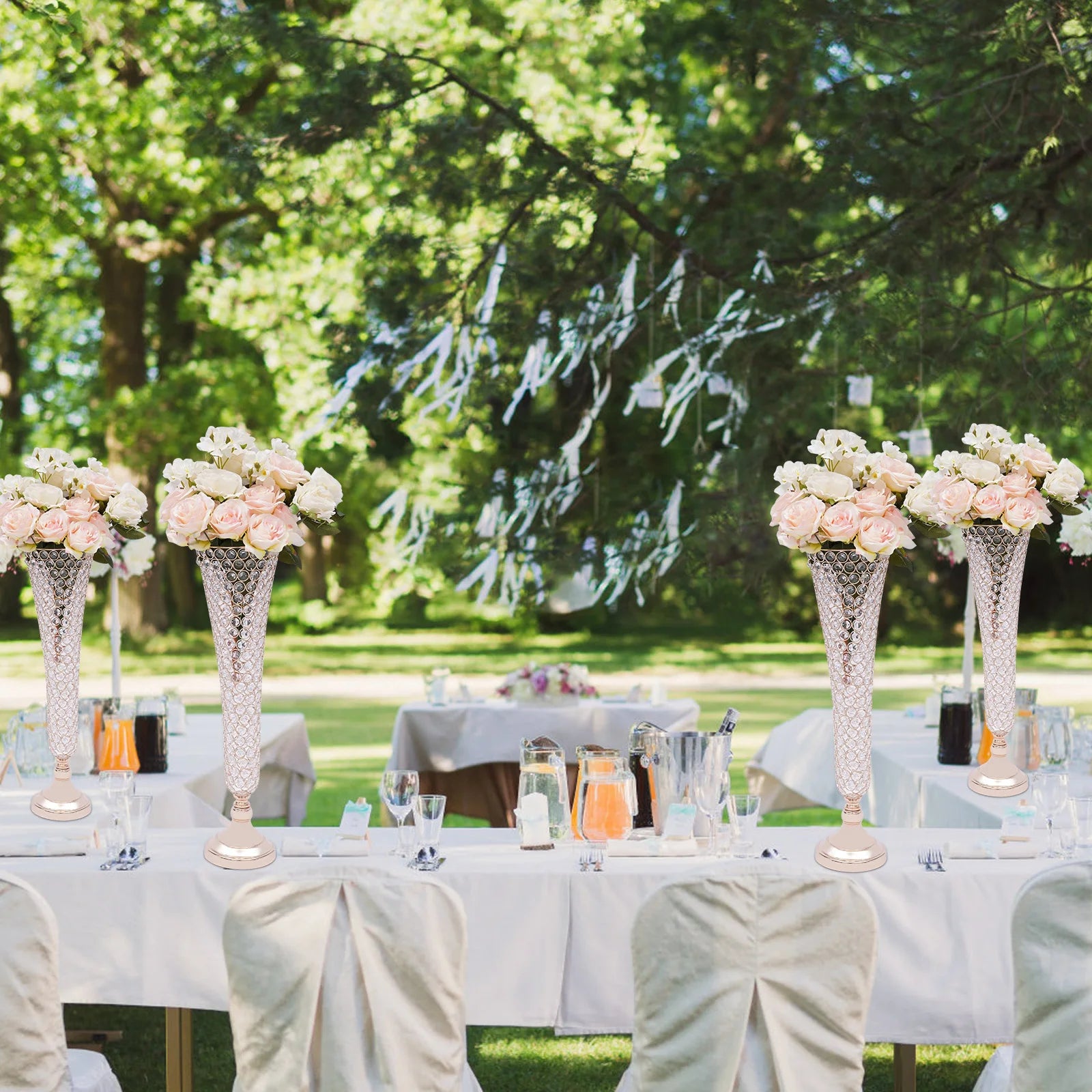 4pcs Crystals Trumpet Floral Vase Wedding Flower Stand Gold Flower Vases for Table Centerpiece Home Decoration