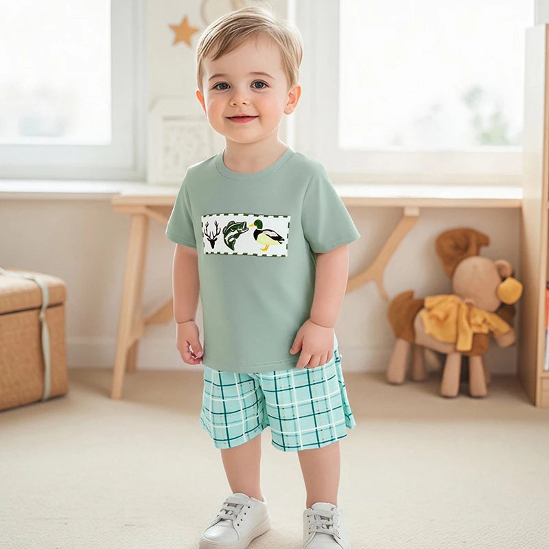 Boys Summer Outfit Set with Short Sleeve O Neck Duck Embroidered Top and Plaid Shorts for a Stylish Look