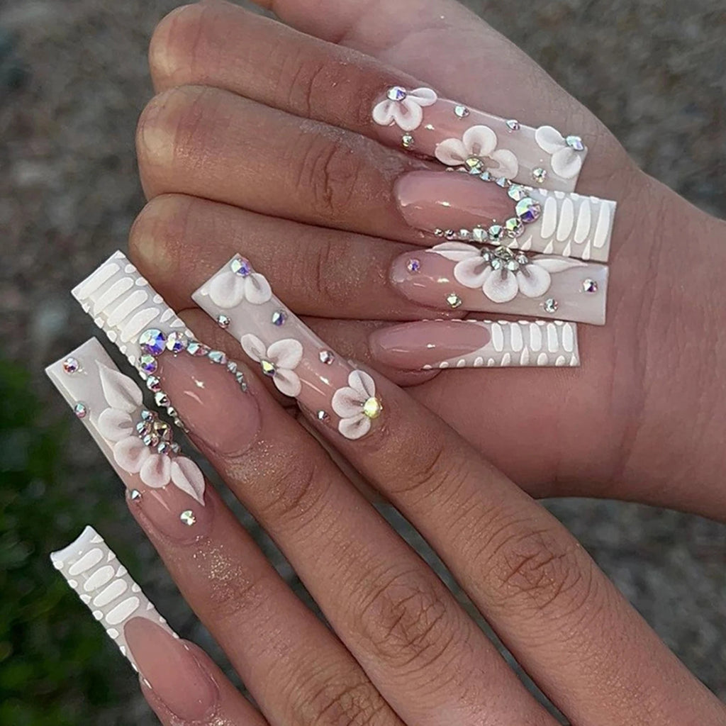 Rhinestone Embellished White Fake Nails Long Square UV Gel Cool Color Nails for Dance Parties Weekend Trips Parties