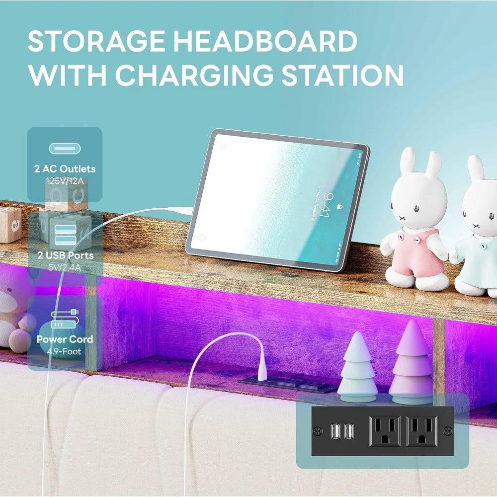 LED Twin Size Bed Frame with 2 Storage Drawers, Charging Station & LED Lights, No Box Spring Needed, Easy Assembly, Bed Frame