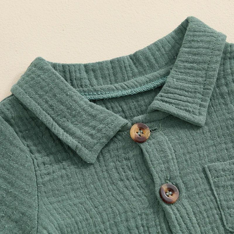 Baby Clothing Boys girl Summer Solid Cotton Linen Pocket Short Sleeve Button Rompers Jumpsuits For Newborn Clothes