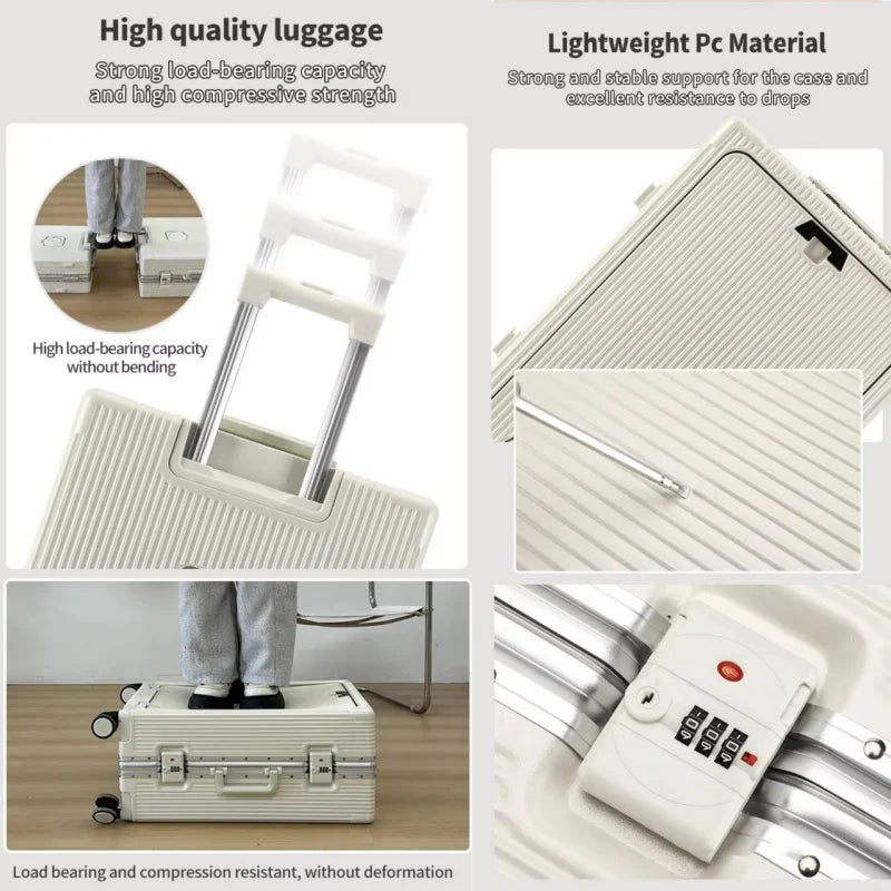 Aluminum Alloy Frame Suitcase Front Opening Pocket with USB Charging Plug Rolling Luggage Trolley Case Bag with Spinner Wheel