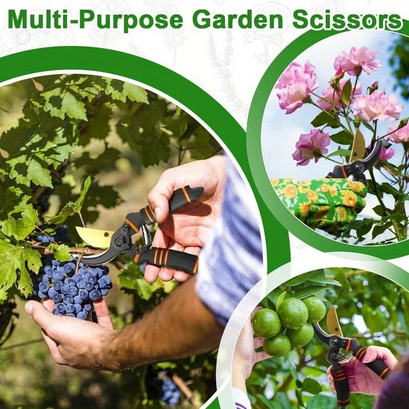 Pruning Shears with Ergonomic Black & Orange Handle - Heavy-Duty Garden Shears Classic Design, Durable Construction Portable Out