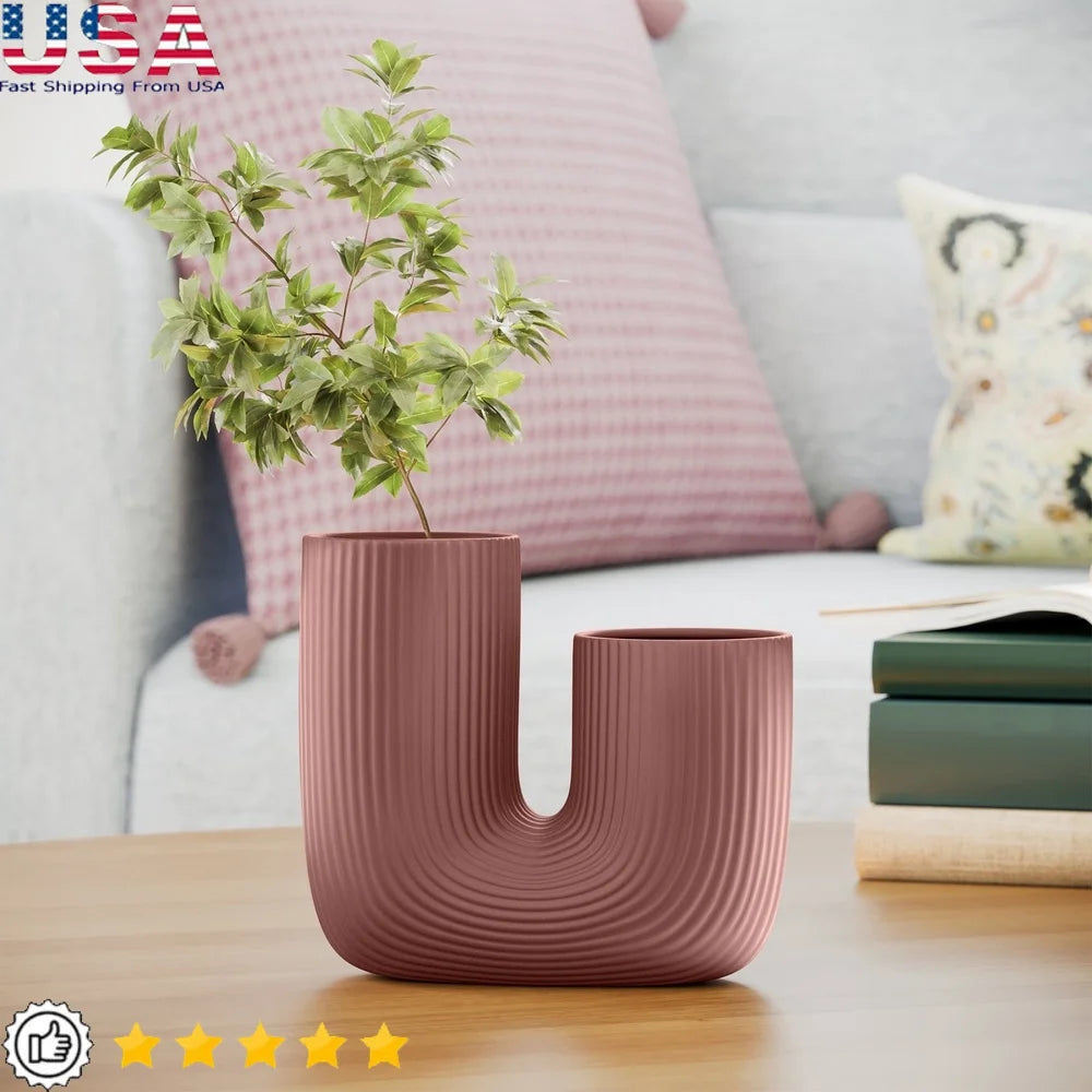 Fluted Ceramic Vase U Shape Decorative Home Accent Flowers Bouquets Indoor Use Elegant Modern Design Ideal Shelf Table Decor