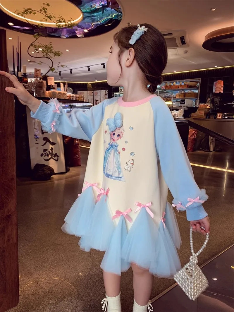 Girl's Fall/Winter Sweatshirt Long Sleeve Princess Elsa Snow White Cartoon Print Tulle Skirt Casual Hoodie Dress 2-12 Years Old