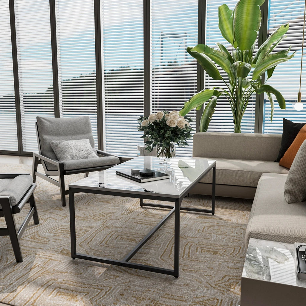 Modern Rectangular Coffee Table |Chic Sintered Stone Top|Black Aluminum Frame| Space-Saving Living Room & Bedroom Side Table