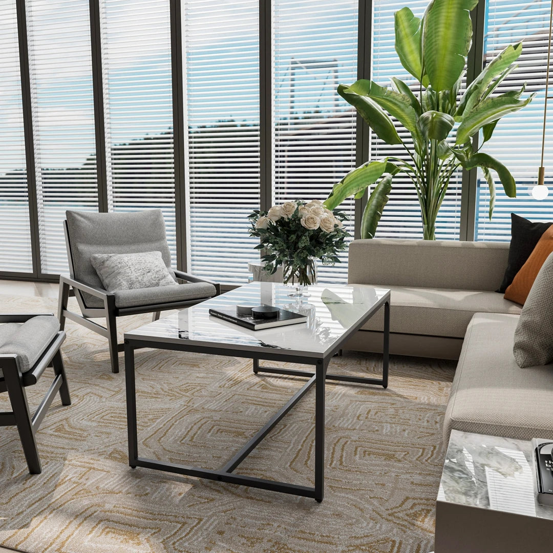 Modern Rectangular Coffee Table |Chic Sintered Stone Top|Black Aluminum Frame| Space-Saving Living Room & Bedroom Side Table