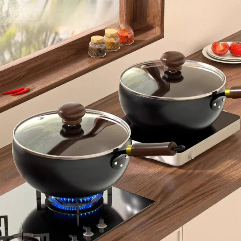 Big Belly Pot Household Hand Hammered Traditional Deepened Non-stick Iron Pot Multipurpose Uncoated Small Frying Pan with Lid