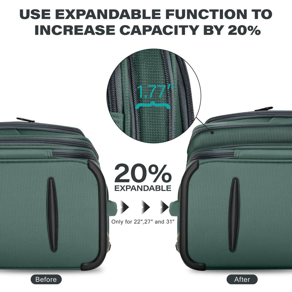 Softside Luggage Expandable Suitcase Upright Spinner Green Softshell Lightweight Luggage for Traveling & Business 20"/26"/28"