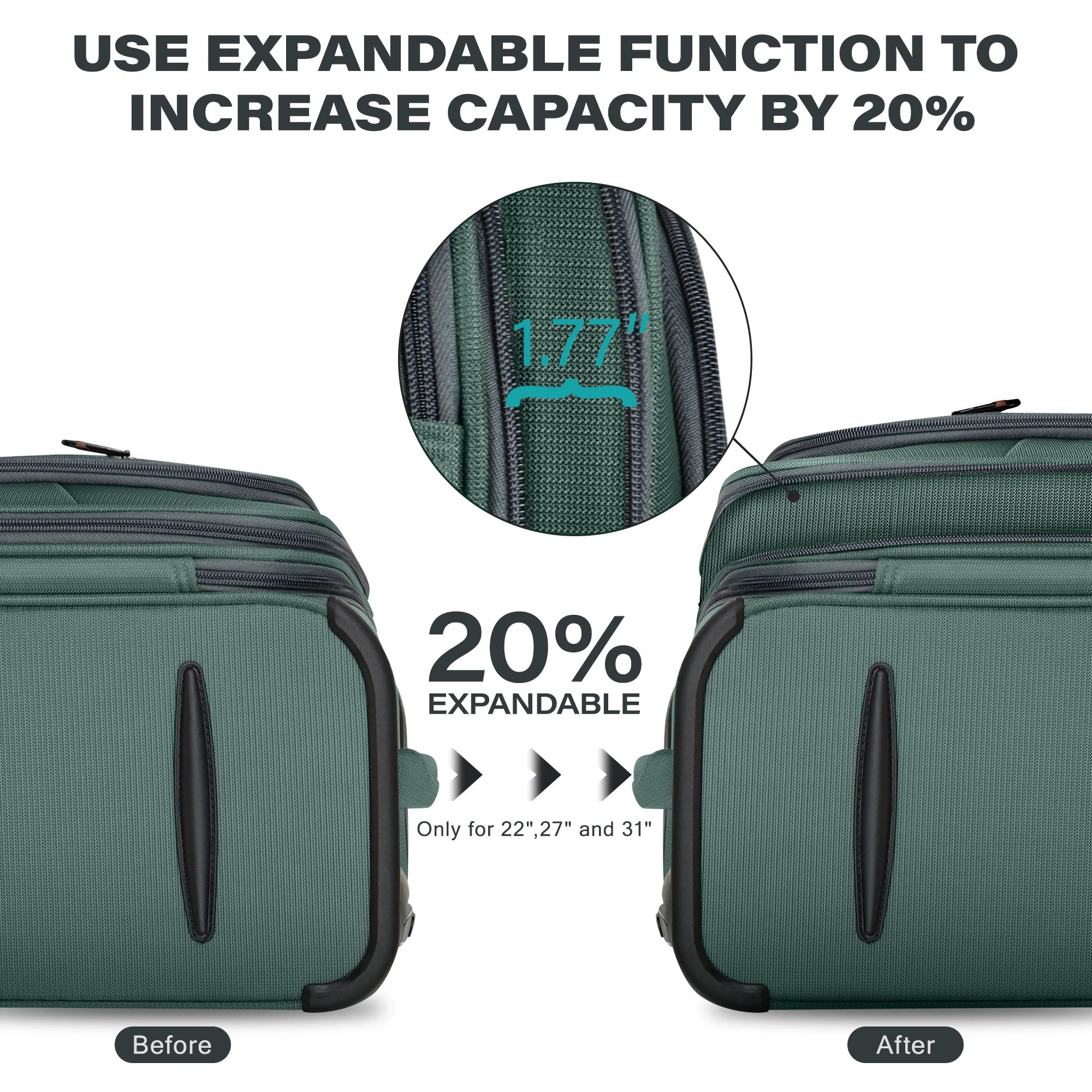 Softside Luggage Expandable Suitcase Upright Spinner Green Softshell Lightweight Luggage for Traveling & Business 20"/26"/28"